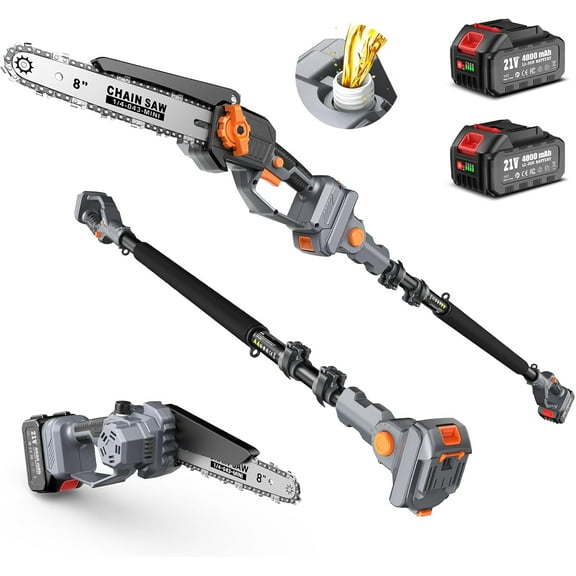 2-in-1 Cordless Pole Saw & 8” Mini Chainsaw with Brushless Motor, Auto Lubrication, Two 4.0 Ah Batteries & Charger, Adjustable Head, and 15 Ft Max Reach for Tree Trimming and Pruning
