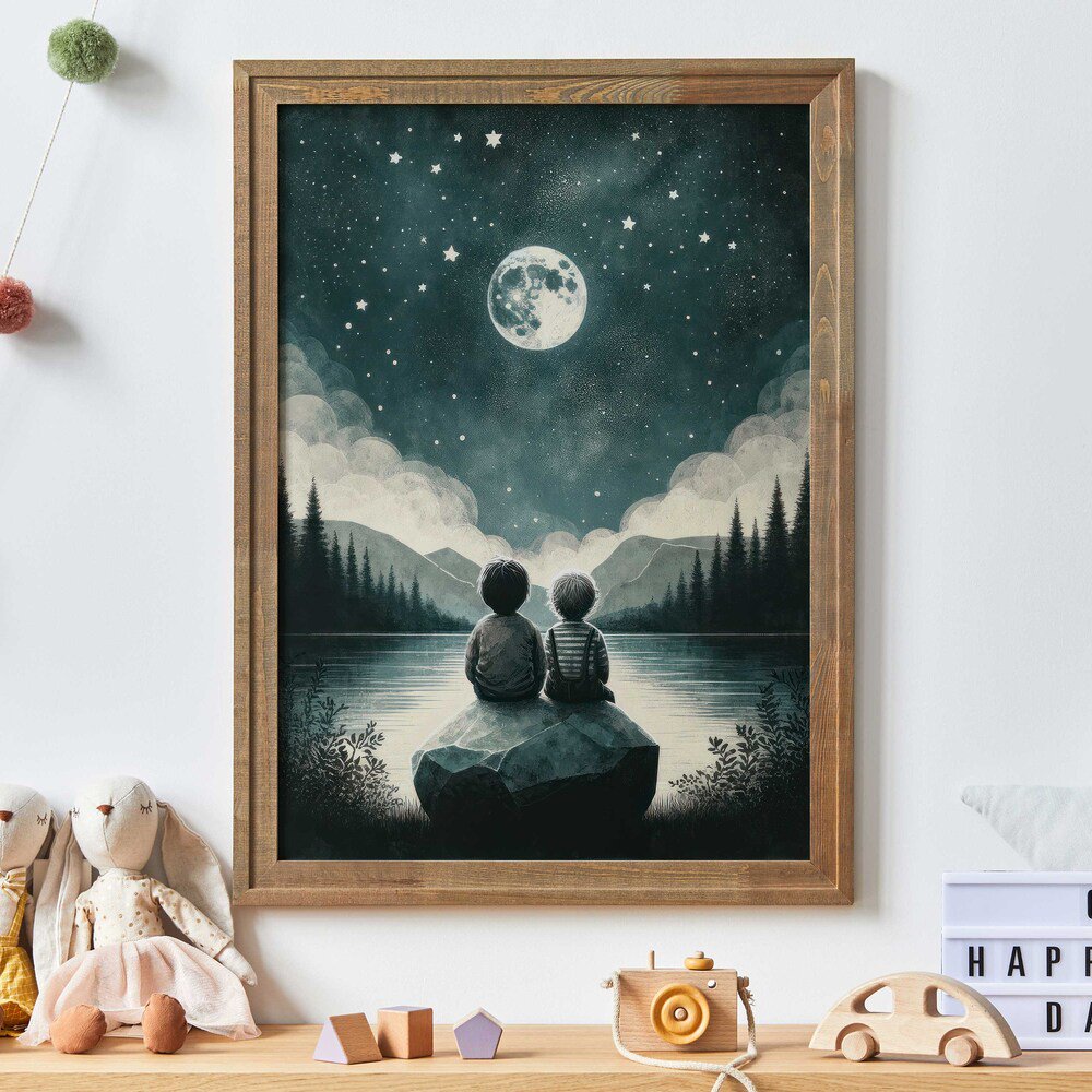 Brothers Room Print Brothers Painting Brothers Room Decor Adventure Toddler Art Moon & Stars Nursery Art Stargazing Wall Art