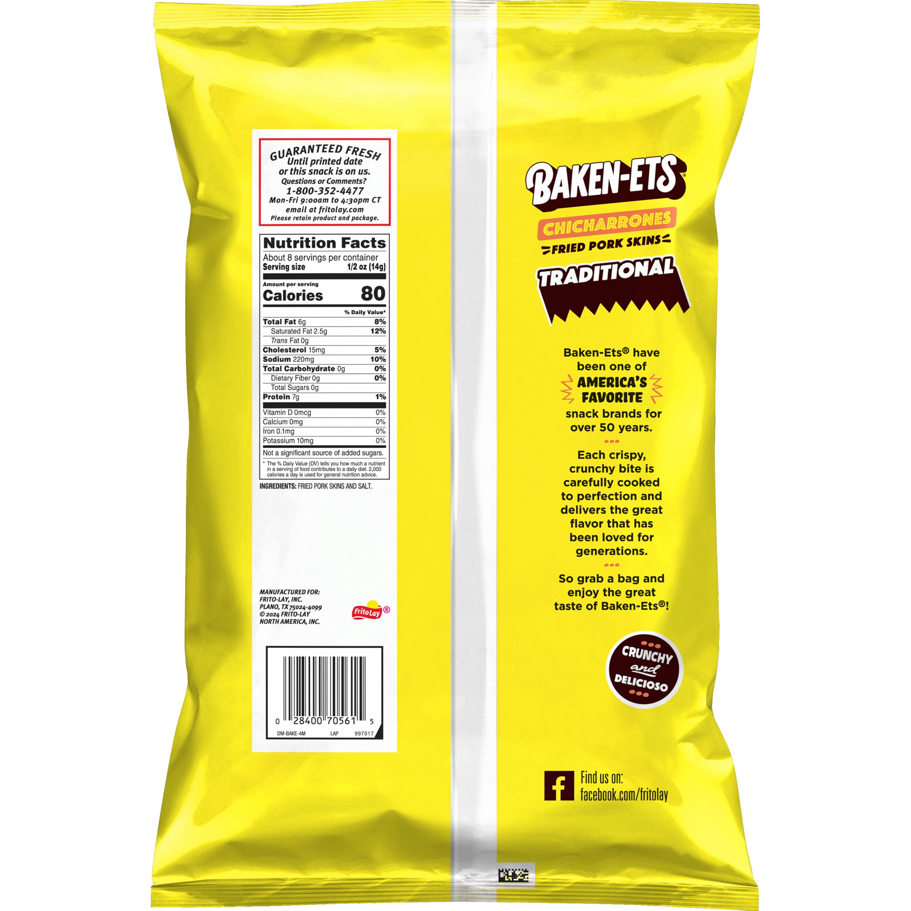 (2 pack) Baken-Ets Traditional Chicharrones Fried Pork Skins, 4 oz Bag