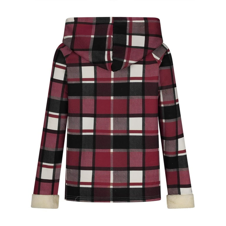 YOIAVAIOY Women's Plaid Hooded Jacket Open Front Fleece Lined