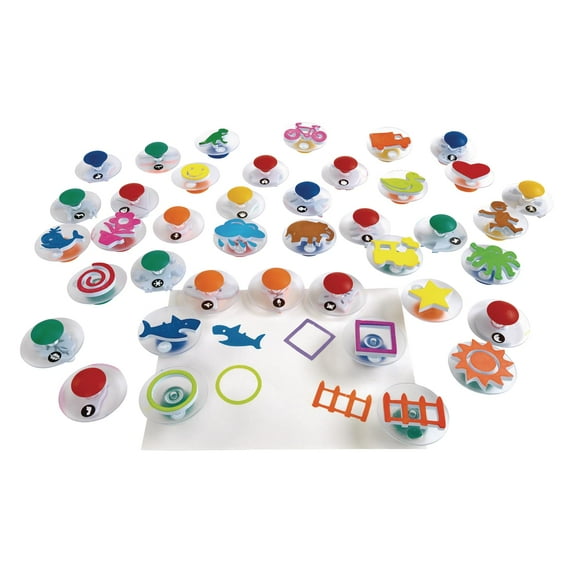 Colorations Easy Knob Grip Stamper Mega Jumbo Pack for Kids, 40 Stampers, 3" x 3", Storytelling, Card Making, Decorating, Pictures, Nature, Vehicles, Shapes, Animals