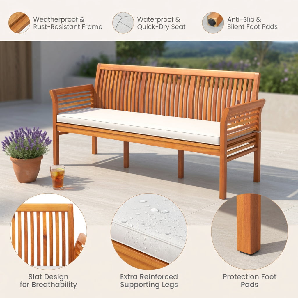 Hommoo 3-Seat Acacia Wood Patio Bench with Off-White Cushions, 62.5" Outdoor Garden Bench for Backyard, Porch & Deck, Natural