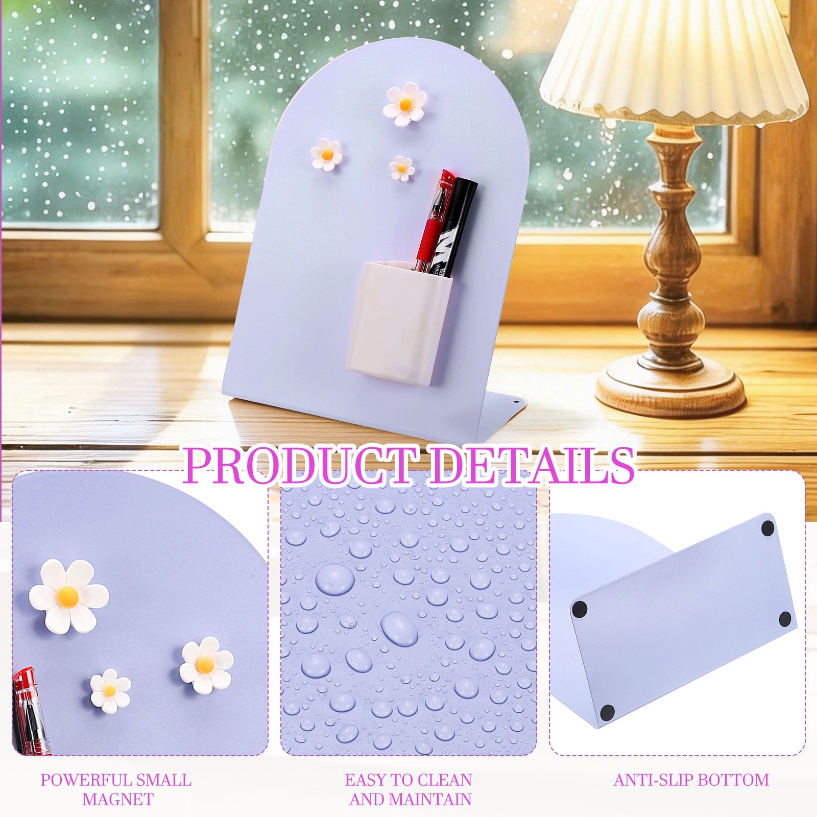 Uxcell Magnetic Bulletin Board, Memo Magnet Display Stand Board with 3 Flower Magnets & Pen Holder for Home Office, Purple/White