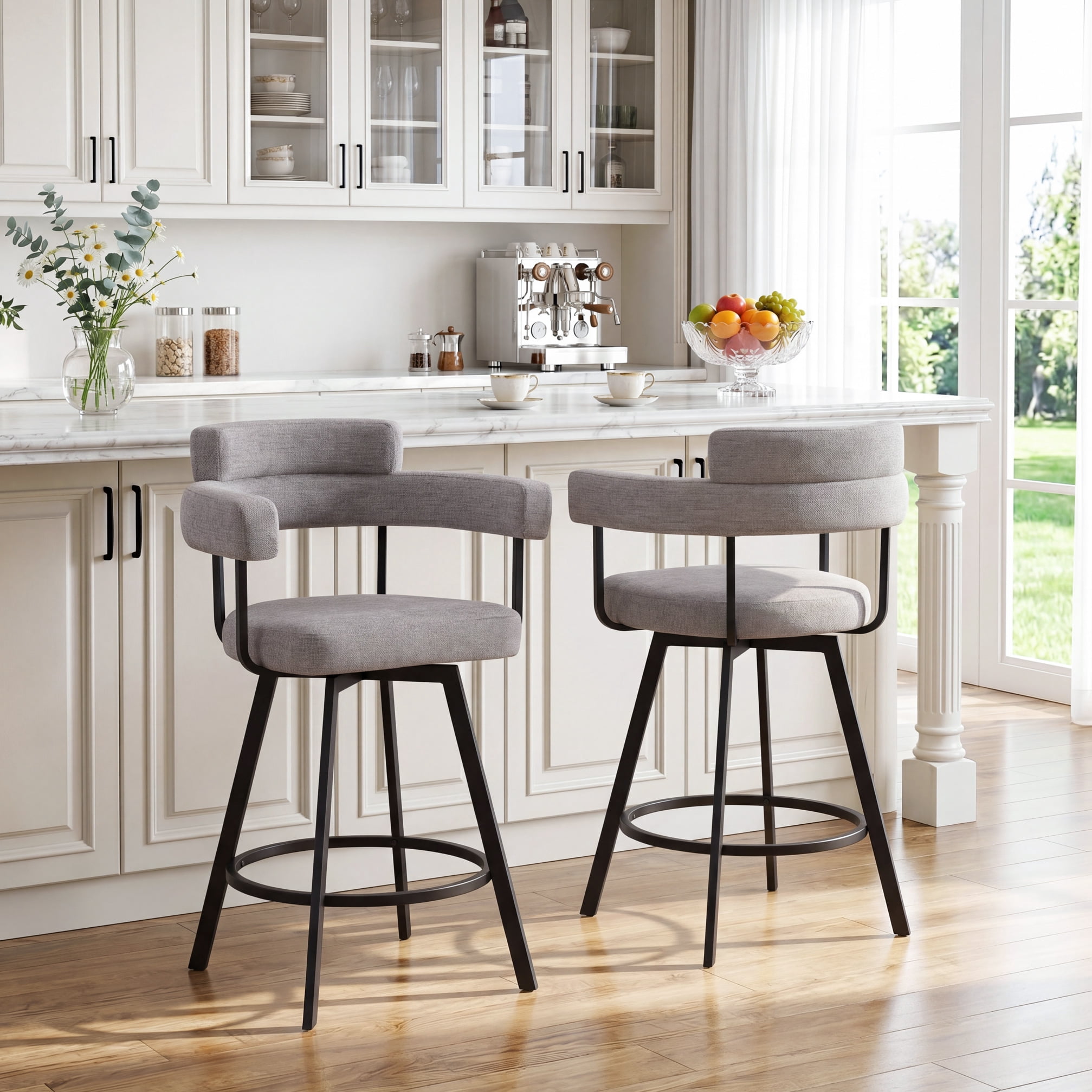 Zesthouse 26" Counter Height Swivel Barstools, Linen Upholstered Bar Stools Set of 2, Metal Base, Gray