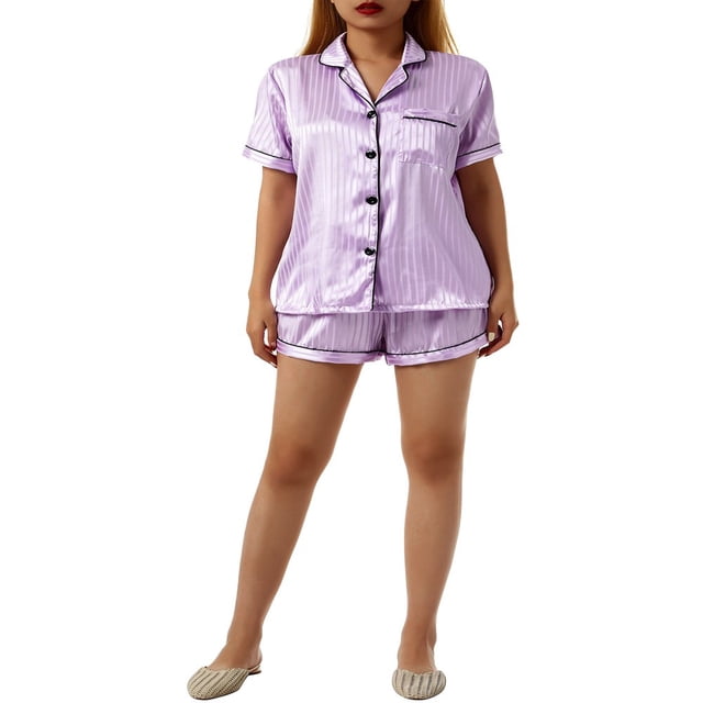 Pyjama pour Femmes Rayé en Satin Soyeux Pyjama Manches Courtes avec Short Ensemble de Nuit sous-Vêtements Violet P