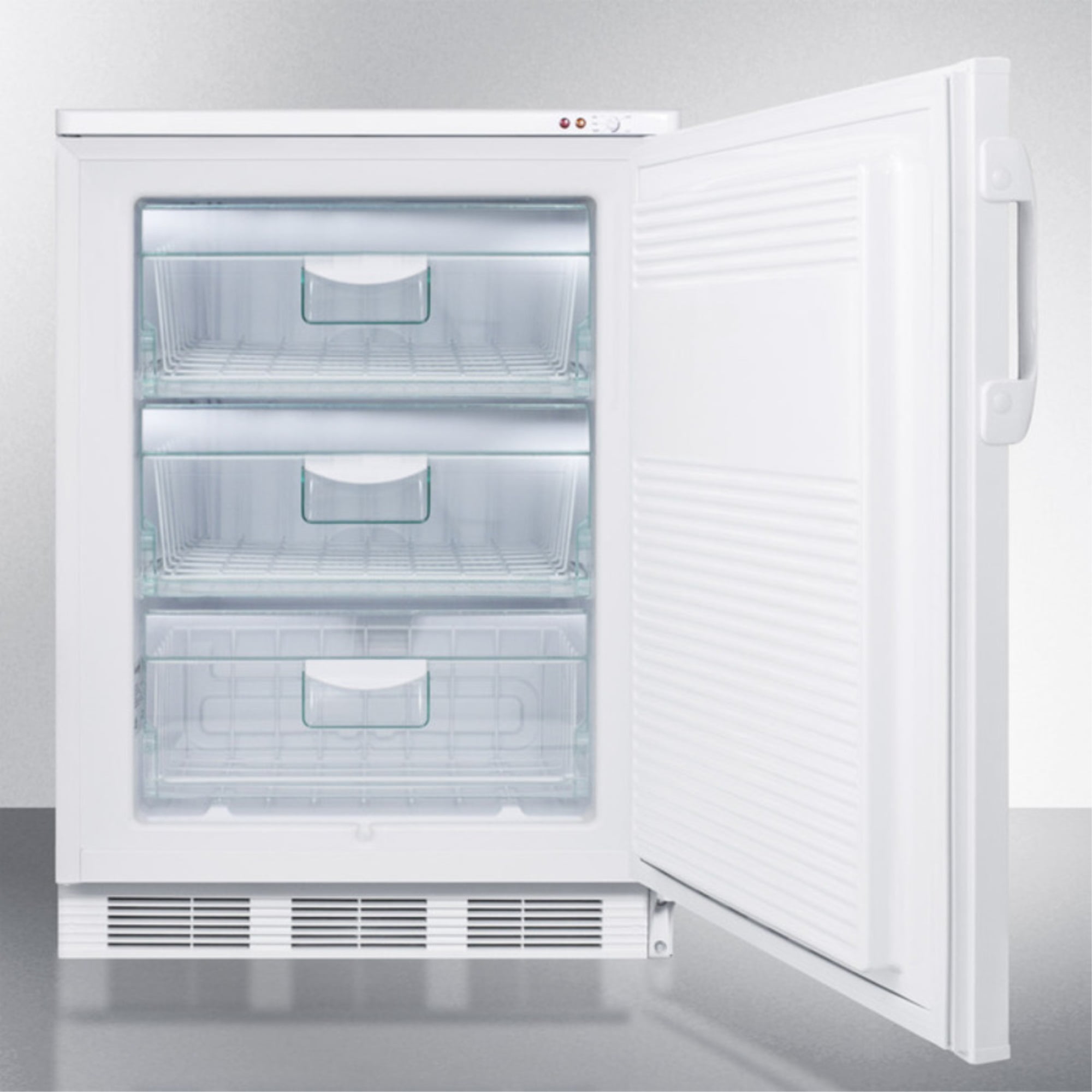 Freestanding medical all-freezer capable of -25 C operation with front-mounted lock