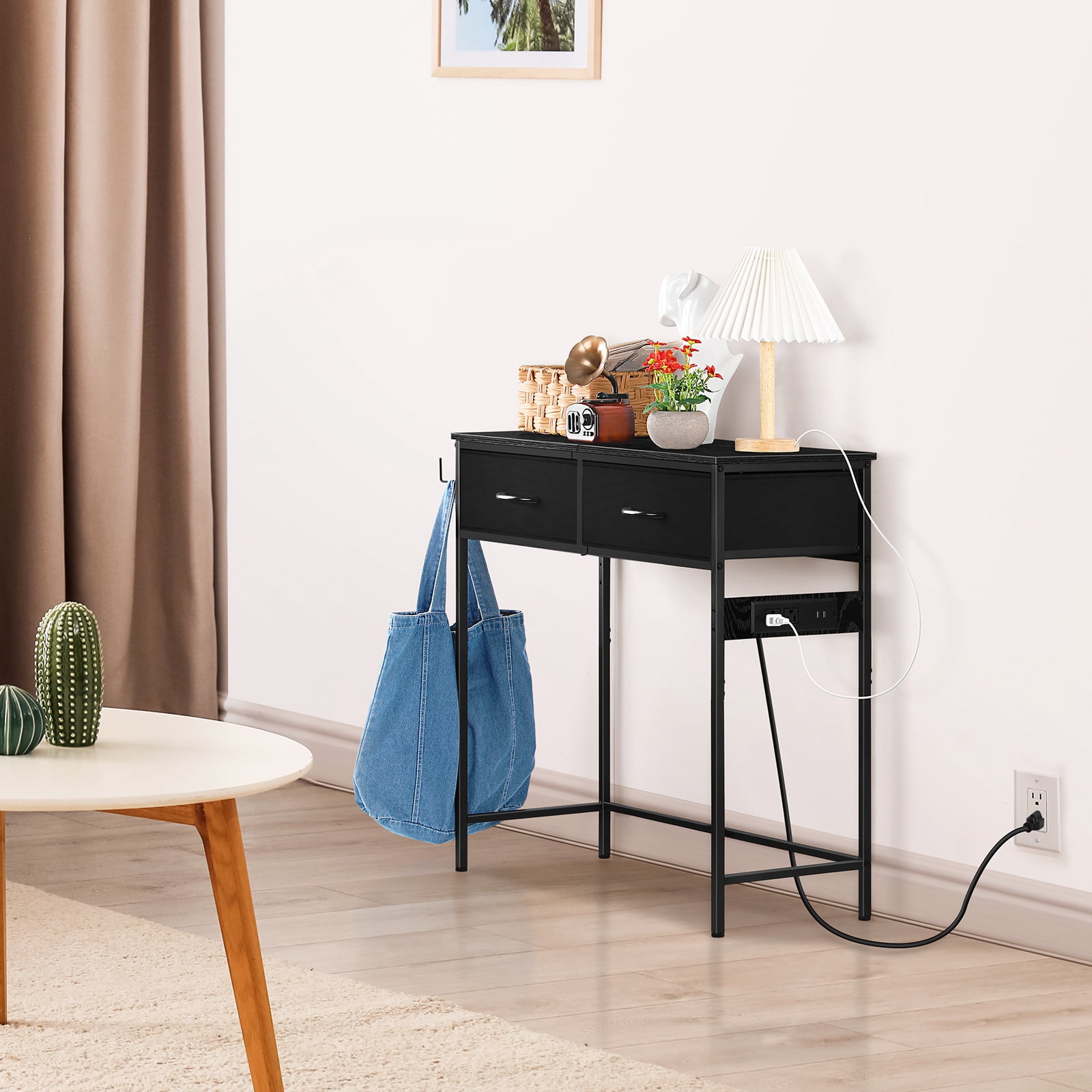 Industrial Console Table with Charging Station, 31.5 Inch Narrow Entryway Table with 2 Fabric Drawers, Side Hook & Adjustable Feet Black