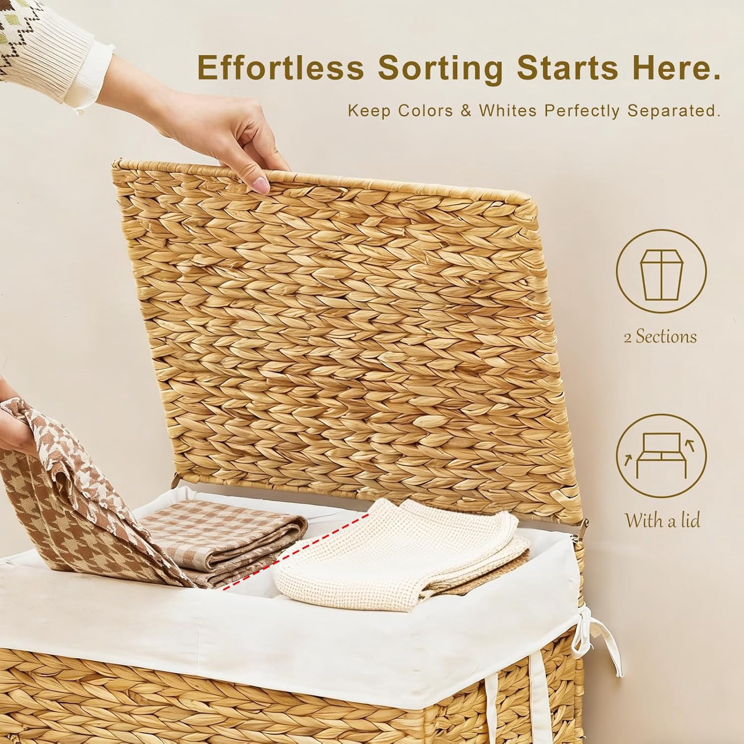 Casa Pura Furniture 2-Section Laundry Hamper with Lid, Water Hyacinth Woven Laundry Sorter with Removable Liners, Rolling or Non-Slip Design