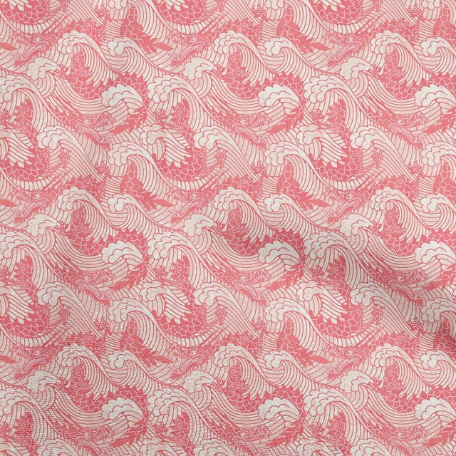 oneOone Georgette Viscose Medium Pink Fabric Asian Japanese Wave Fabric For Sewing Printed Craft Fabric By The Yard 42 Inch Wide