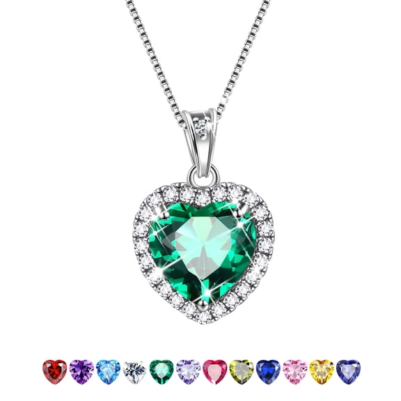Green Heart Necklace for Women, May Birthstone Necklace Emerald Crystal 925 Sterling Silver Necklaces Jewelry Birthday Mother's Day Gifts Hipunk