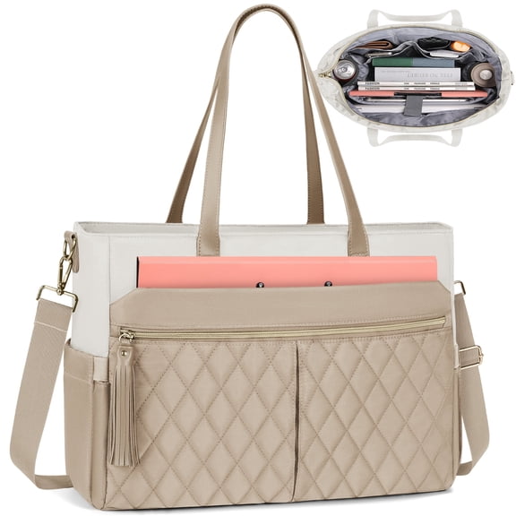 RAINSMORE Laptop Bag for Women 15.6inch Laptop Tote with Insulated Pockets Large Handbag Teacher Nurse Tote Bag Professional Work Computer Messenger Briefcase for Office Business,Beige