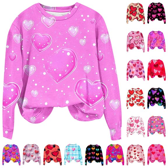 Feancey Plus Size Valentines Day Sweatshirts for Women Novelty Heart Printed Crewneck Pullover Tops Loose Fit Long Sleeve Shirt Cute Holiday Blouse Red XXL