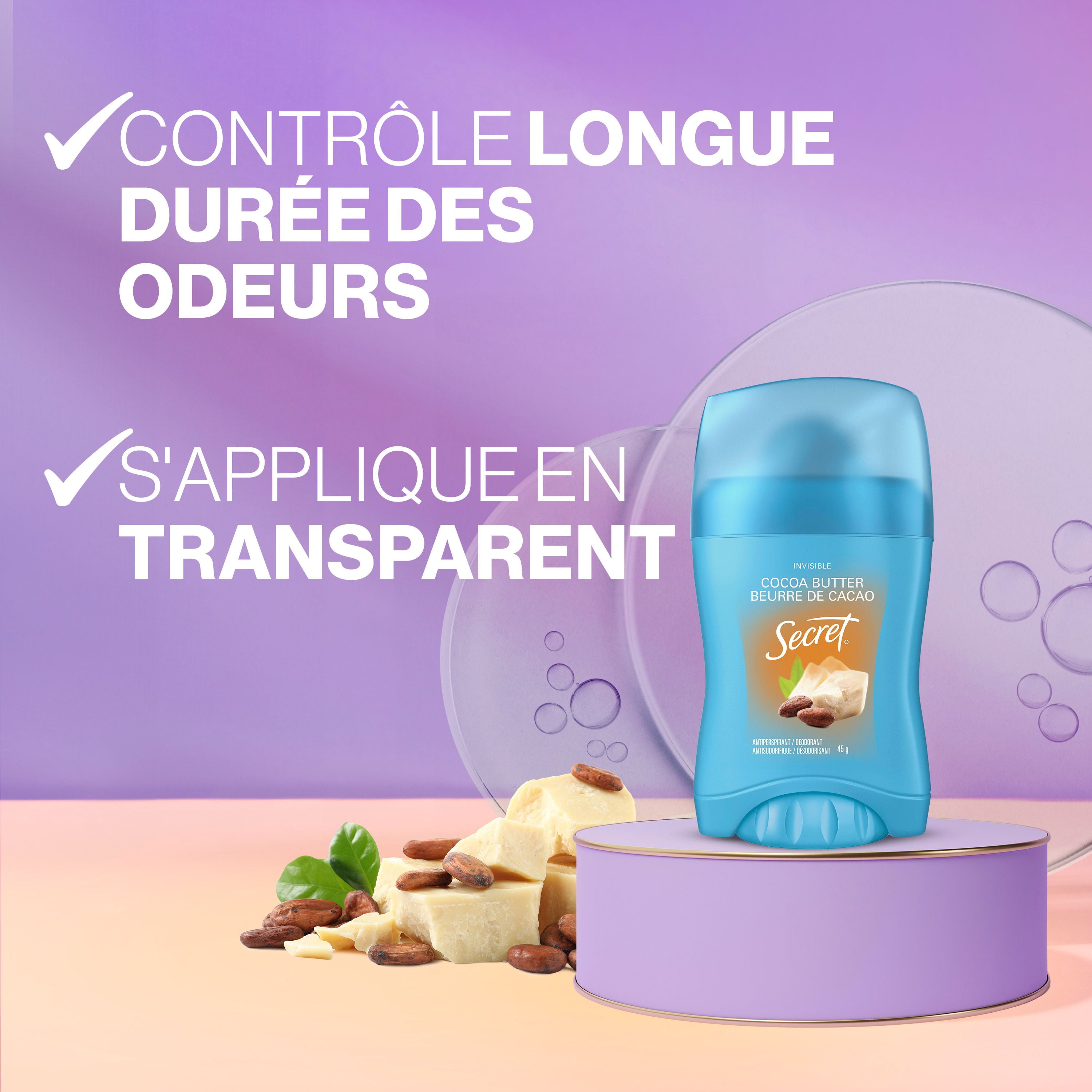 Antisudorifique et désodorisant invisible en bâton Secret Fraîcheur, Beurre de cacao