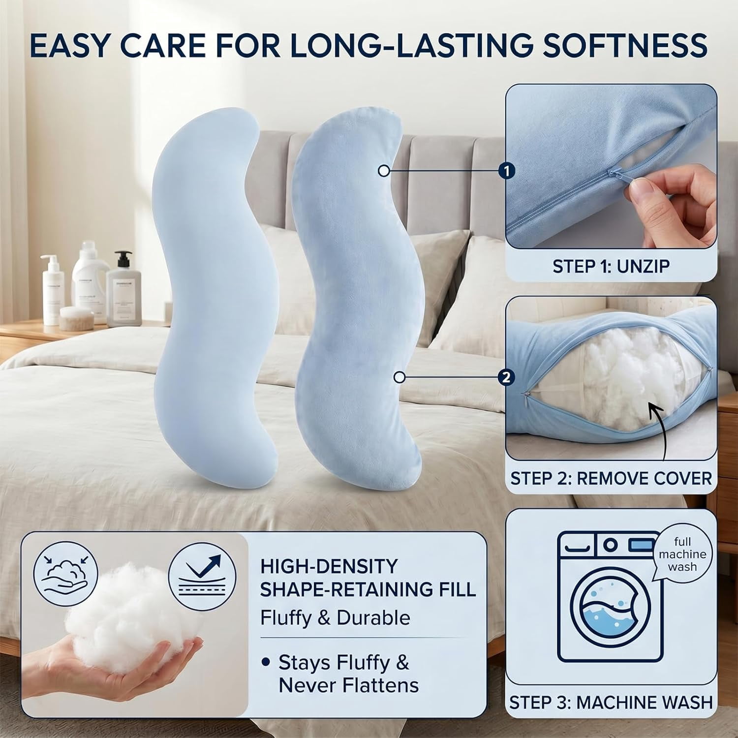 Pea Pod Body Pillow for Side Sleeper,Soft Cooling Long Bolster Hug Pillow,Ergonomic Pea Pod Full Body Pillows for Adults,Curved Sleep Pillows for Back Hip & Leg Support (1, Blue)