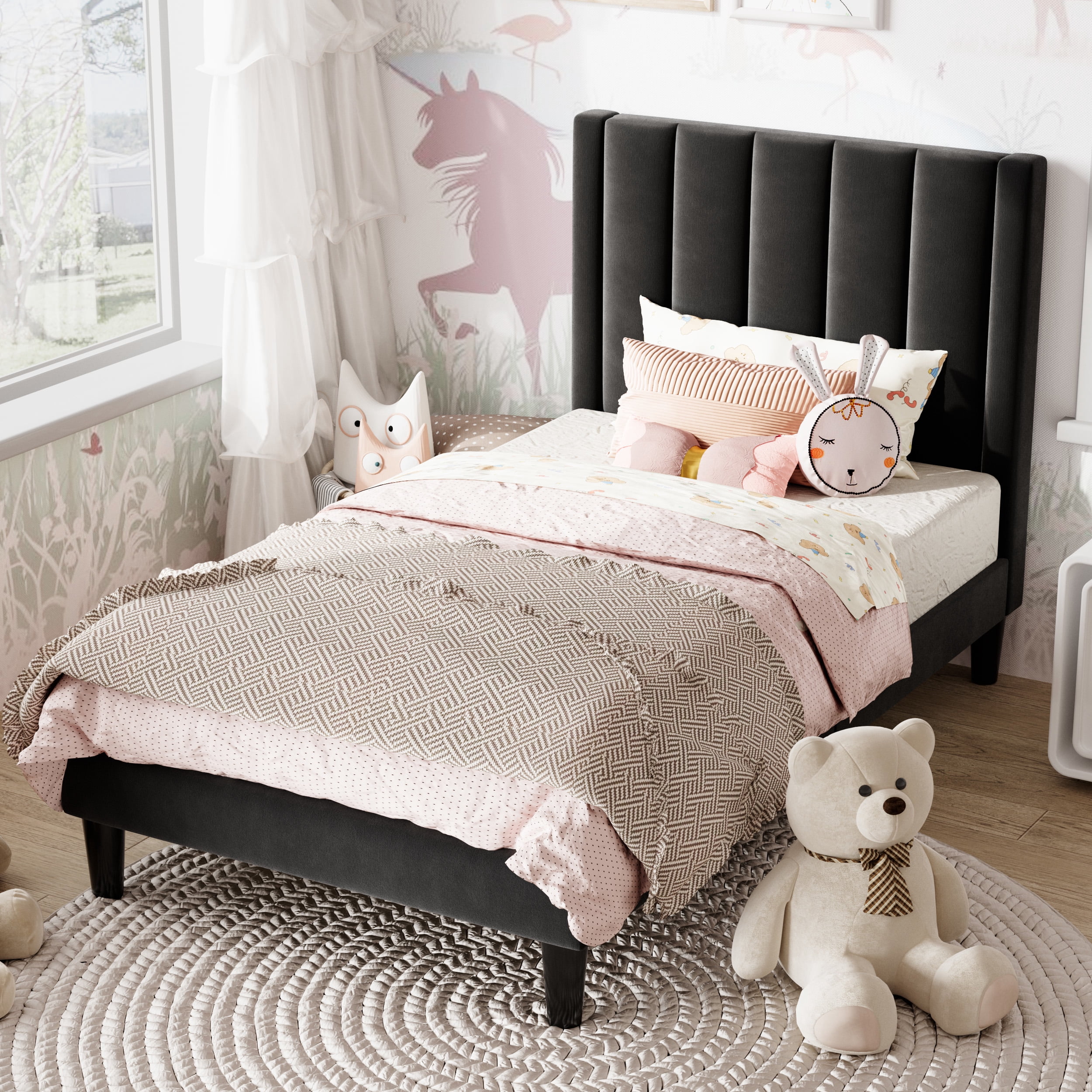 Amolife Twin Bed Frame, Upholstered Bed Frame with Velvet Vertical Channel Tufted Headboard, Black