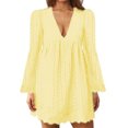 thumbnail image 1 of MAWCLOS Robe Courte Ample Ajourée pour Femmes, Manches Évasées, Fête, Jaune, P, 1 of 2