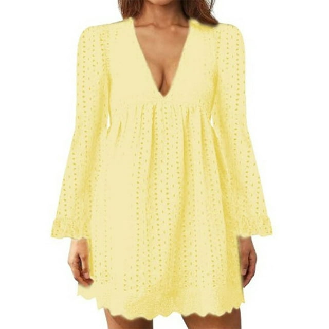MAWCLOS Ladies Loose Hollow Out Mini Dresses Party Flared Sleeves Short Dress Yellow 3XL