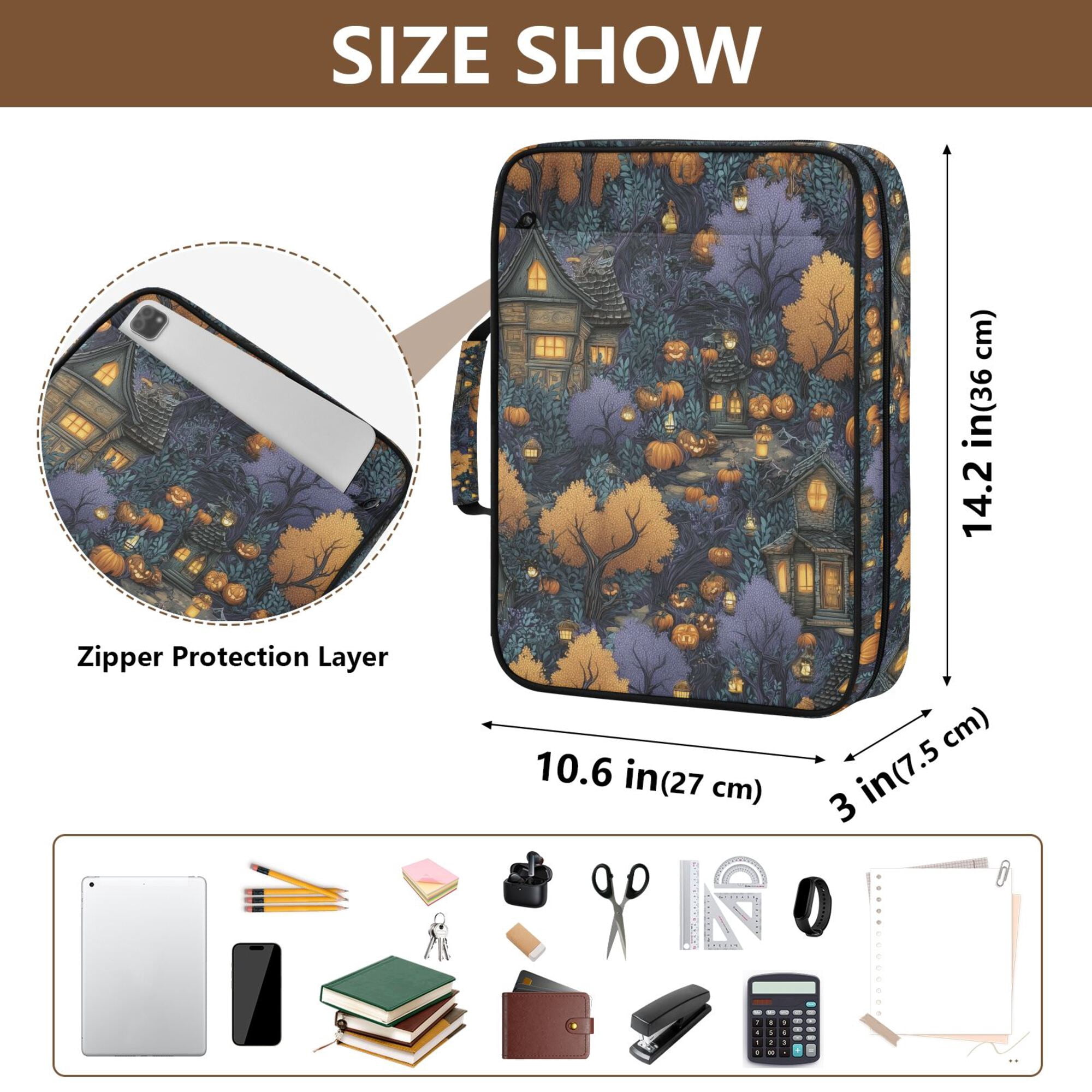 FORMRS Accordion File Folder A4 Size 7-Pocket Expanding Document Organizer Bag with 3 Ring Binder, Halloween Houses Pattern