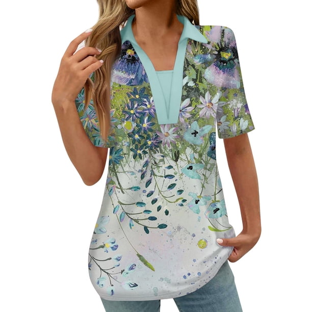 Tops Cortos para las Mujeres Blusas Impresas Manga Corta Turndown Collar Camiseta, Tops de Blusa para las Mujeres Casual