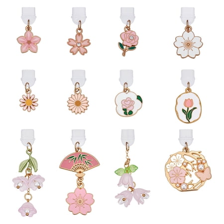 12Pcs Plastic Mobile Dustproof Plugs with Alloy & Enamel & Acrylic Pendants Golden Mixed Color 26~58mm