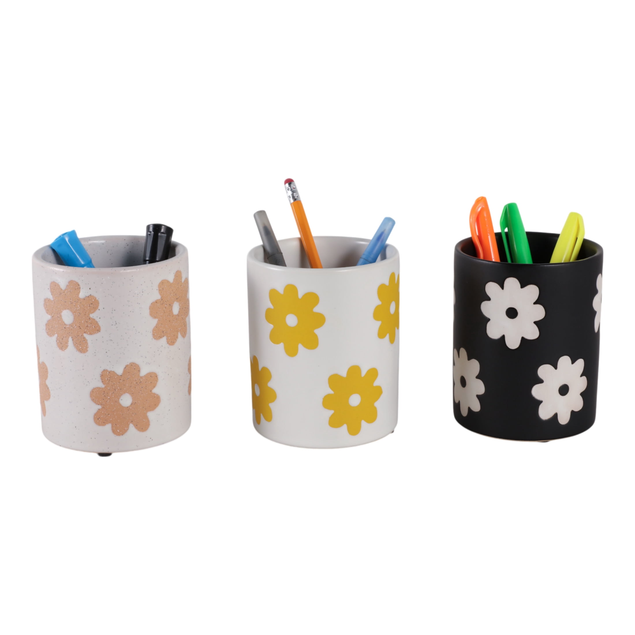 Cylinder Desk Organizer for Home Decor - Ceramic Desktop Organizer for Office Storage and Small Desk Workspace  - Boho Floral Office Accessory Decor for Tabletop - Set of 3, 5", White & Black