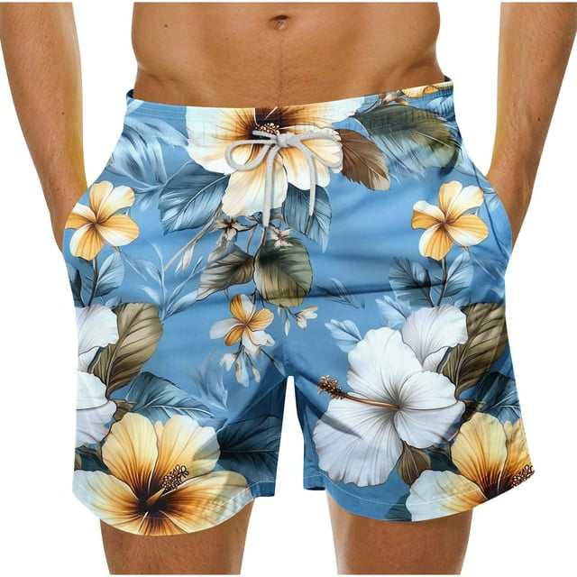 Pantalones Cortos de Cintura Elástica de los Hombres Hawaiian Floral Print Casual, Pantalones de Baño Ligeros de Cuatro Lados