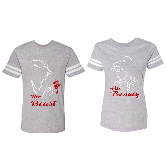 Her Beauty His Beast Matching Couple Cotton Jerseys (Men Heather / Women Heather) (Men M / Women L)