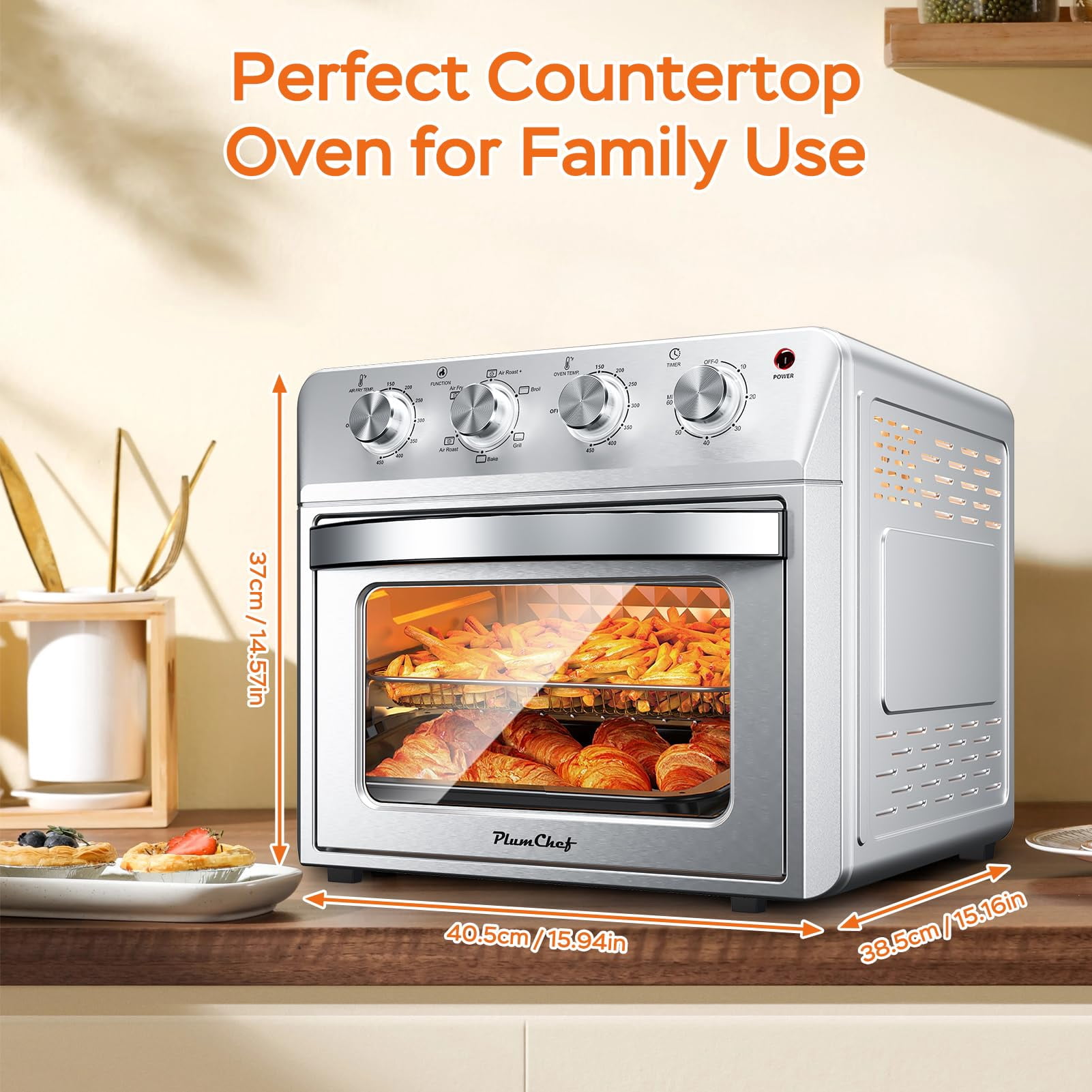Plum chef 27.5QT 6-in-1 Air Fryer Toaster Oven Extra Large Dropdown-Door 6-Slice Convection Oven for Air Frying, Baking, Roasting, Broiling & Grilling, Stainless Steel Housing, Stainless Steel