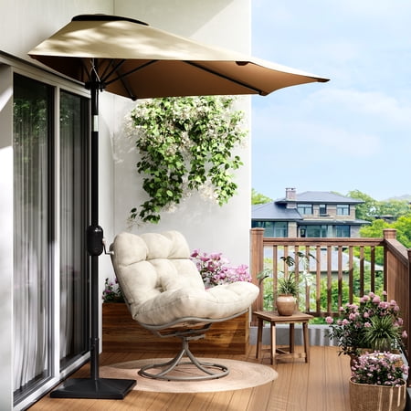 9ft Patio Umbrella with Push Button Tilt and Crank, Half Outdoor Umbrella with Smooth Crank Lift, Outdoor Shade Canopy for Patio, Yard, Garden, Deck, Balcony