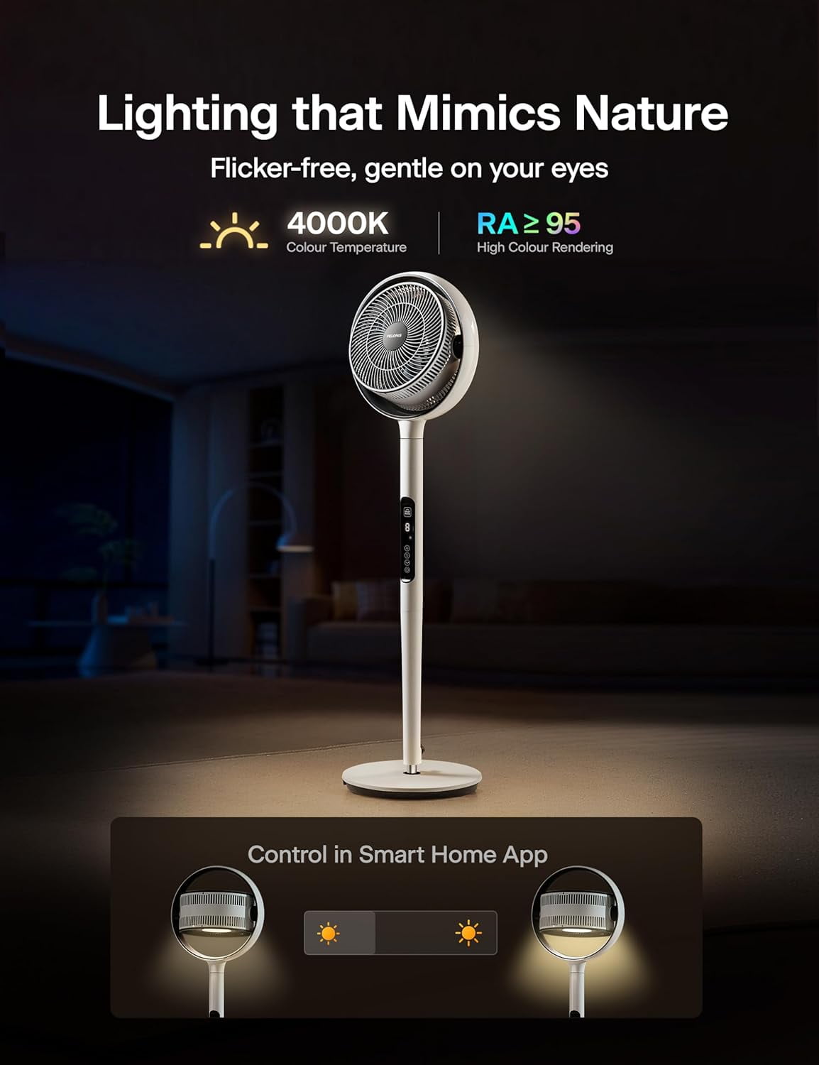 Pelonis Adjustable Pedestal Fan, 9 Speed, Oscillation, Quiet, Smart, Remote, 50-53.5", White