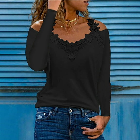 Babysbule Womens Tops Long Sleeve Clearance Fashion Women's V-Neck Casual Long Sleeve Lace Patchwork Solid Blouse Tops