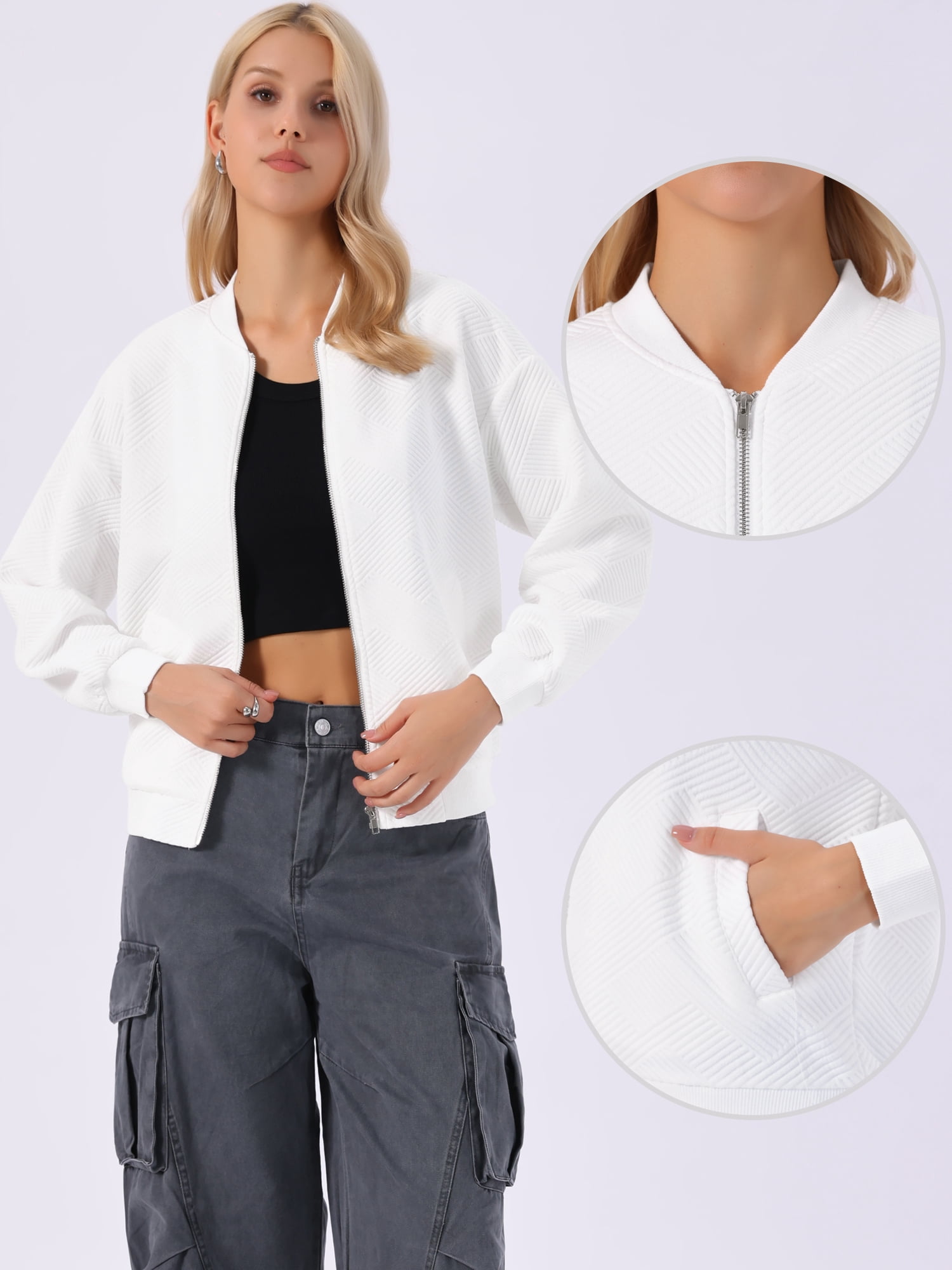 DARING DIVA Women's Zip Up Long Sleeve Spring Outfit Jacket L White