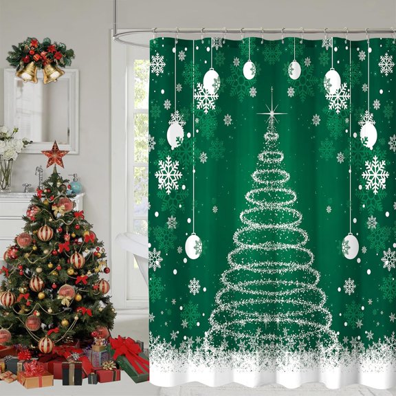 Christmas Shower Curtain Green Snowflake Christmas Tree Fabric Bathroom Decor with Hooks 71x71 inches