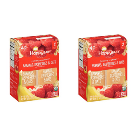 (2 Pack) Happy Baby Organics Clearly Crafted Baby Food, Bananas, Raspberries & Oats, 4 Oz x