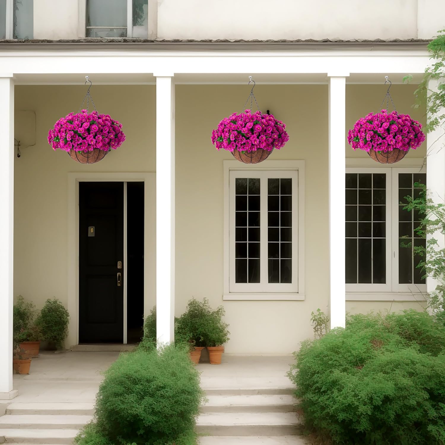 Artificial Hanging Flowers in Basket, Artificial Petunias Arrangement, inch Coconut Lining Basket with Morning Glories Fake Plants for Patio Garden Porch Deck Spring Decoration(Fuchsia)