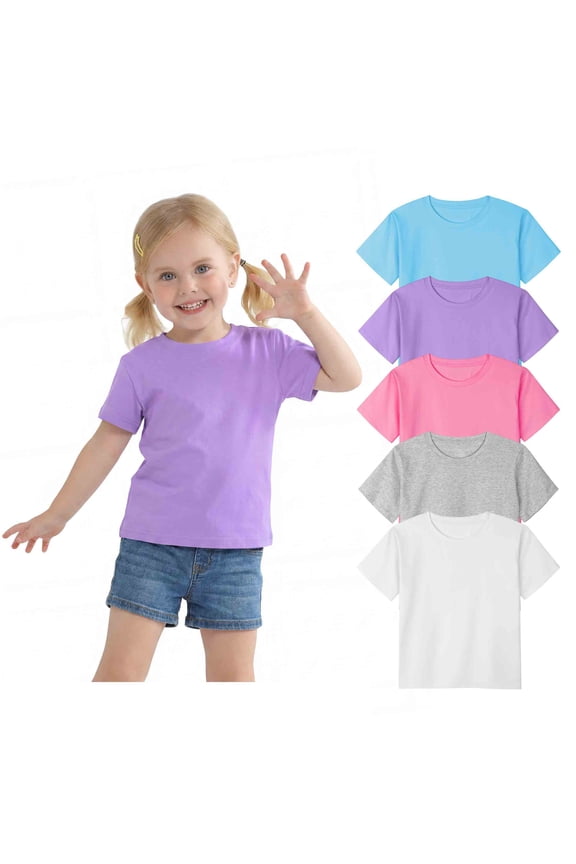 5 Pack Toddlers Girls Cotton Short-Sleeve T-Shirt Summer Toddlers Girls Solid T-Shirt with Round Neck