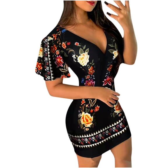 Babysbule Women's Summer Dresses Fashion Women Casual Tight Flowers Printing Deep V-Neck Short Sleeve Long Dress