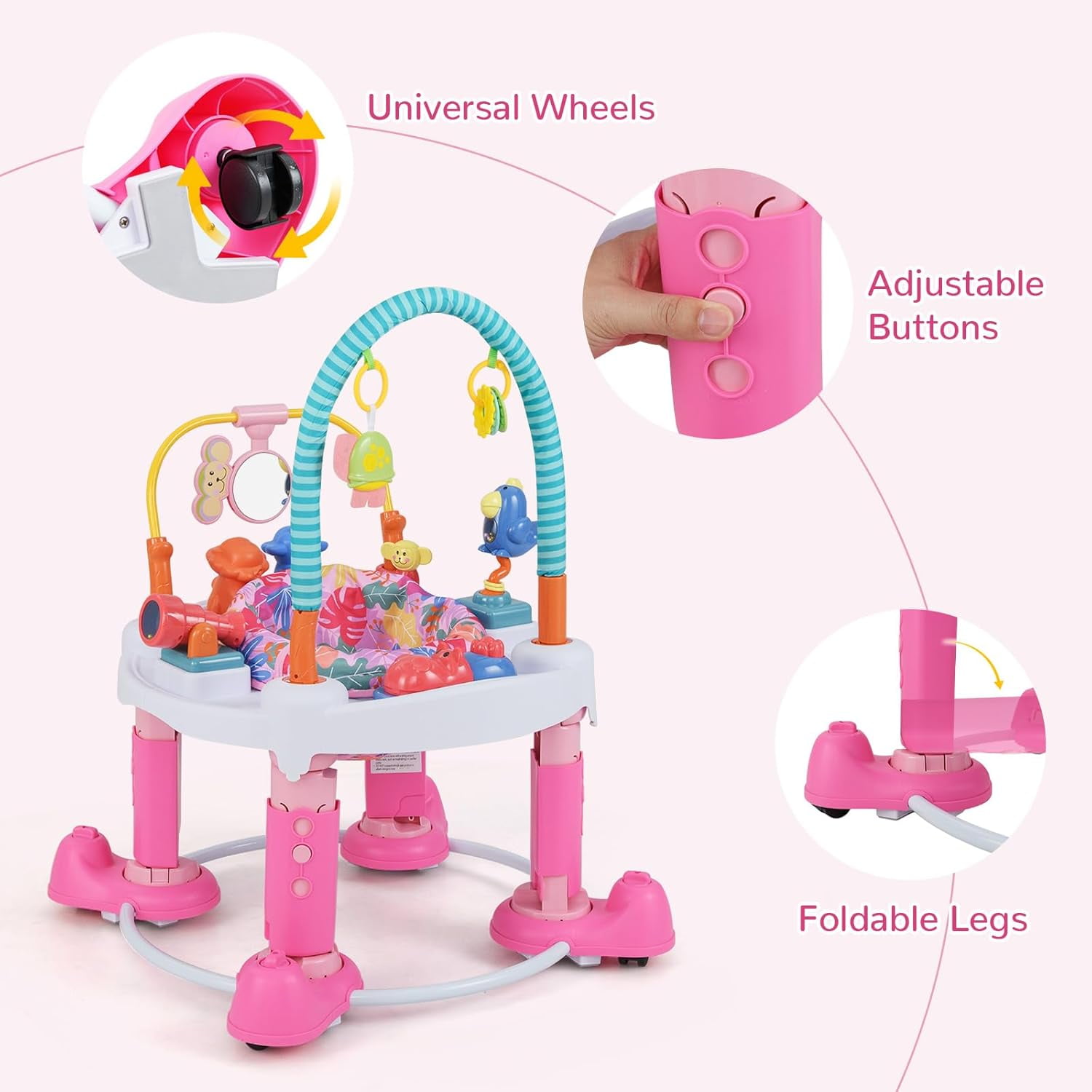 INFANS 5 in 1 Baby Activity Center with 8 Toys, Play Mat, 360°Rotating Seat, Foldable Infant Learning Table with 3 Adjustable Height for 0-24 Months