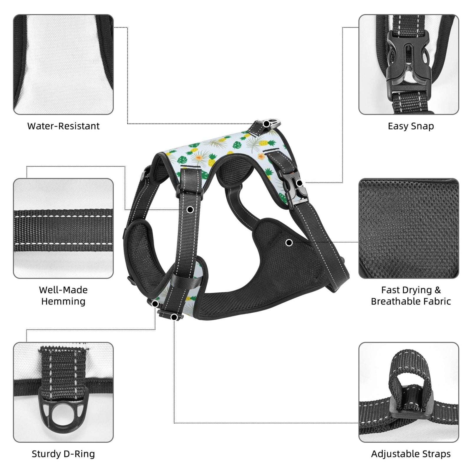 Kdxio Pineapple Print No Pull Dog Harness Adjustable Reflective Oxford Easy Control Medium Large Dog Harness for Training and Everyday-Large