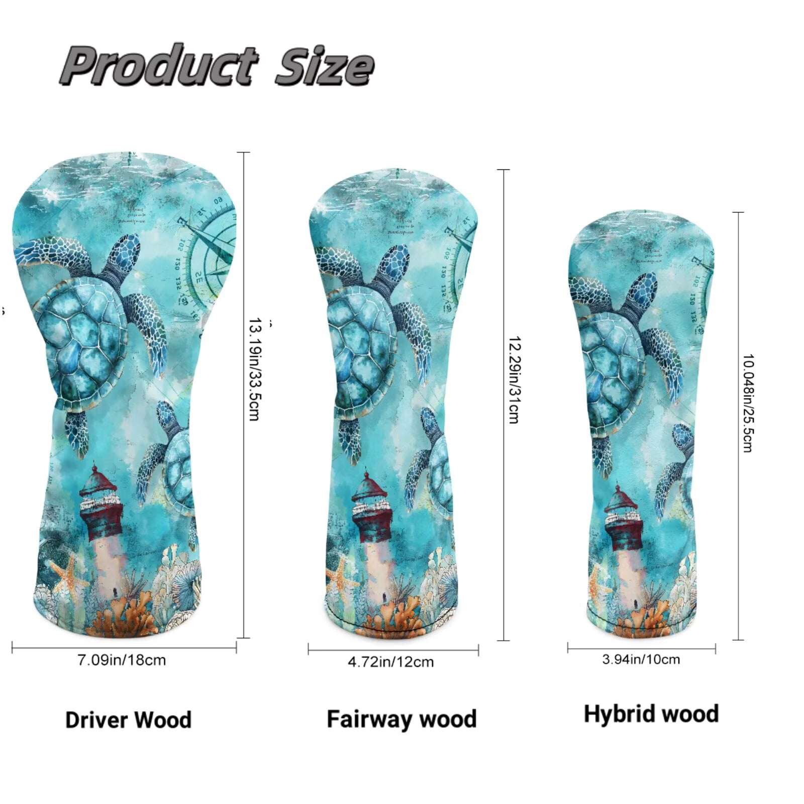 Uorisanigo Golf Club Head Covers Set 3 Pack, Blue Turtle Golf Driver Headcover Fairway Wood Headcover Hybrid Club Head Cover Fit Most Golfs Clubs with Soft Lining for Extra Clubs Protection