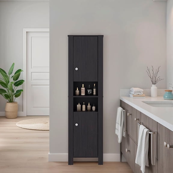 TUHOME Vanessa Tall Bathroom Storage Cabinet with 2 Doors and 6 Shelves, 63.3 in, Black