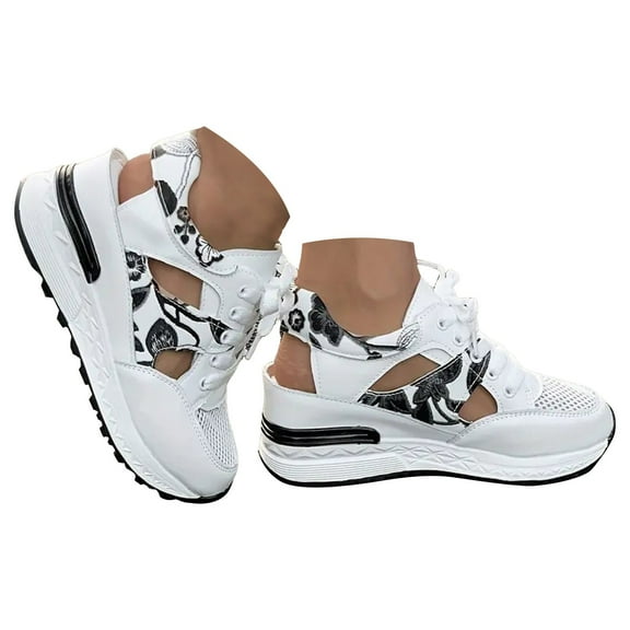 IUJSOY Wedge Sneakers for Women Hollow out Lace up Tennis Shoes Fashion Print Platform Walking Shoes