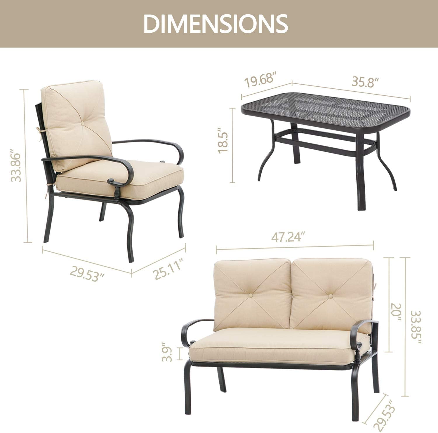 SOLAURA 4-Piece Outdoor Furniture Patio Conversation Set with Metal Table and Seating Cushions for Garden, Deck, Balcony, Pool, Porch, Lawn (Brown)