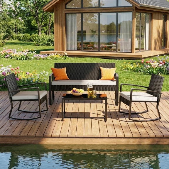 Patio Furniture Set, Lofka 4 Pieces Outdoor Conversation Set with Rattan Wicker Rocking Chairs, Removable Cushions & Glass Table, Gray
