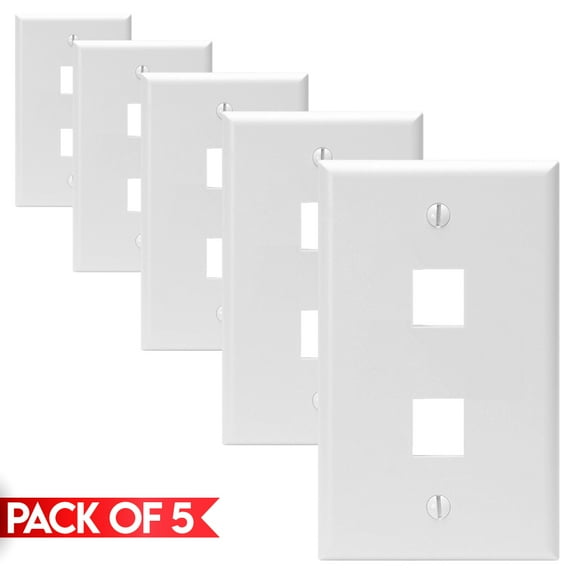 Cmple - [5 Pack] 2 Ports Keystone Wall Plate, Snap-In Keystone Jack Faceplate, QuickPort Wall Plate, Single Gang Wallplate with Two Standard Size Keystone Hole, White