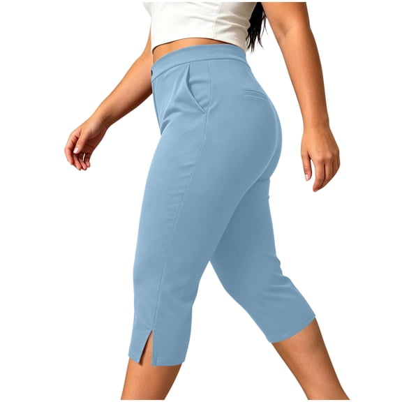 Njagoc3 Plus Size Capri Pants for Women High Waist Slim Fit Stretchy Cropped Trousers with Button and Side Slit Breathable Soft Fabric for Office Work Casual Daily Wear and Summer Travel
