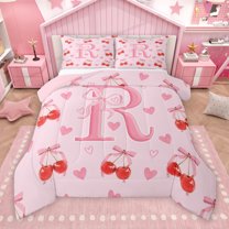 Manfei Ribbon Monogrammed R Full Size Comforter Sets for Girls, Initial B to Z Bedding Comforter Set, Princess Bowknot Cartoon Reversible Bedding Sets, Lightweight Room Decor, 3-Piece