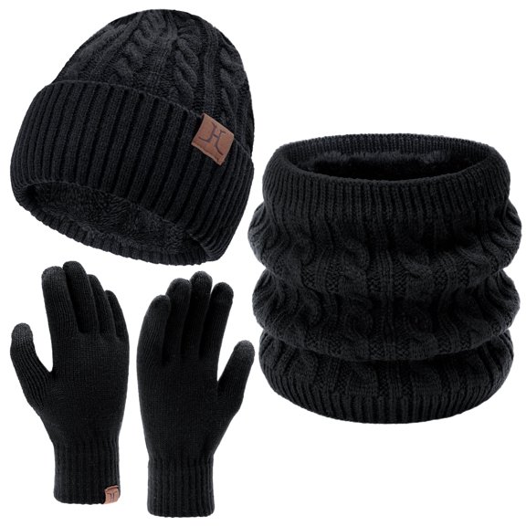 FZ FANTASTIC ZONE Women Winter Beanie Hats Touchscreen Gloves Neck Scarf Warmer Set Cable Knit Slouchy Skull Cap with Fleece Lined