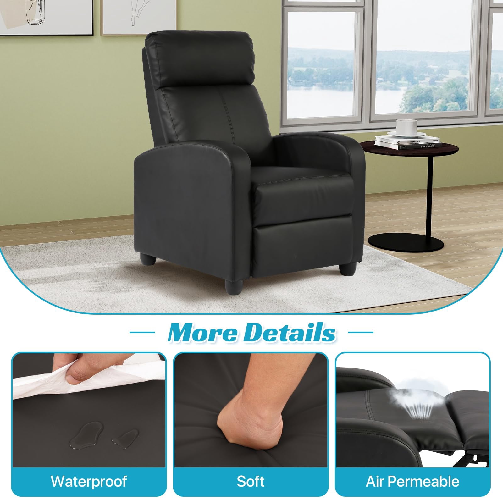 NiamVelo Recliner Chair for Adults, PU Leather Recliner Sofa with Lumbar Support, Adjustable Modern Reclining Chair with Padded Seat Backrest for Home, Living Room, Theater （Black）