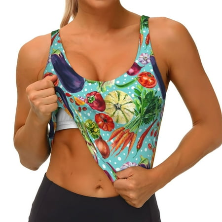 Qokaie Vegetable (2) Pattern Womens Scoop Neck Sports Bra Breathable Workout Vest Padded U Back Medium Impact Fitness Gym Yoga Bra Workout Crop Top